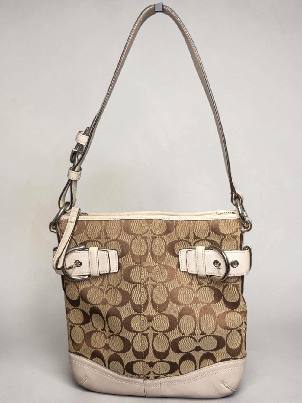 Y2K Coach Brown Signature Canvas Shoulder Bag with Beige Trim